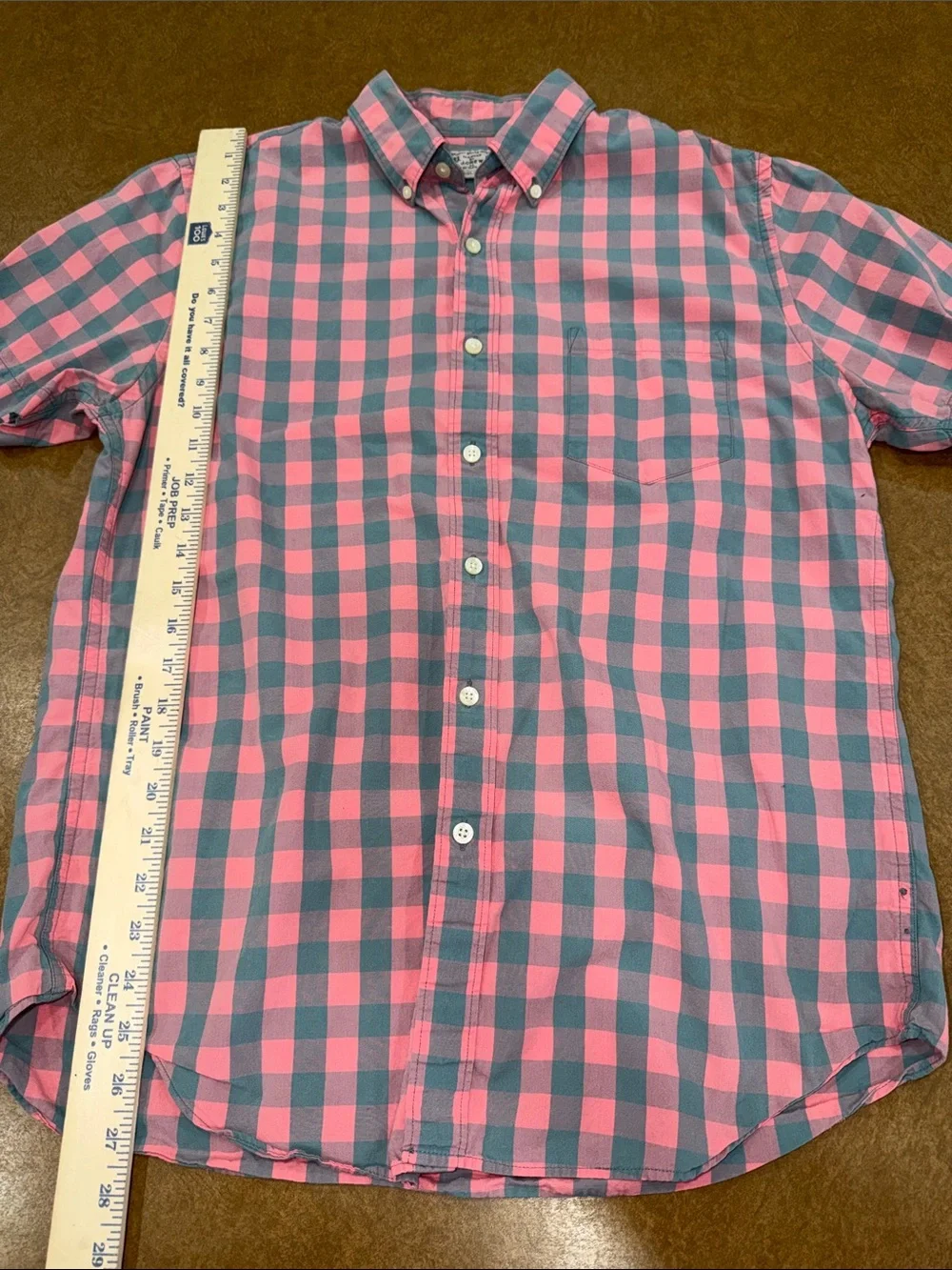 J. Crew Pink and Green-Gray Short-Sleeve Check Button-Down Shirt • Pocket • M